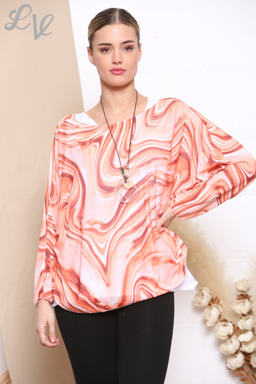 Ladies Retro Swirl Print 2 Layered Top With Necklace Orange