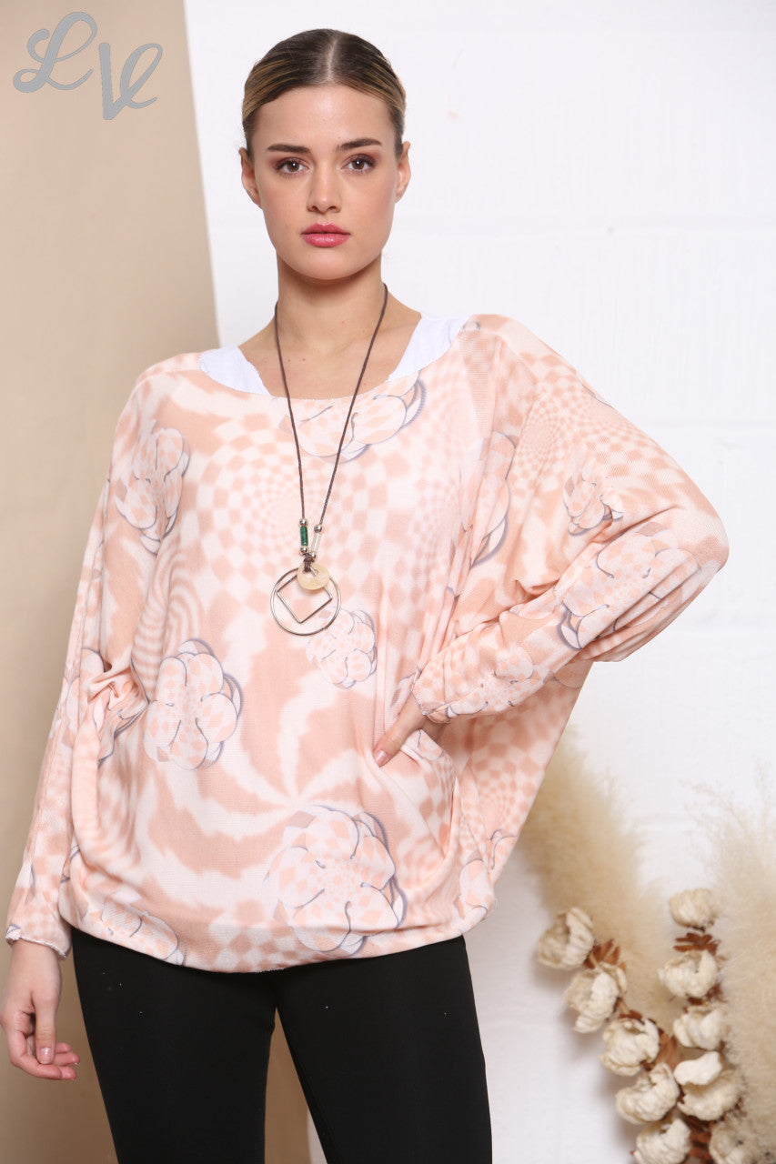 Ladies Retro Check Print 2 Layered Top With Necklace Peach