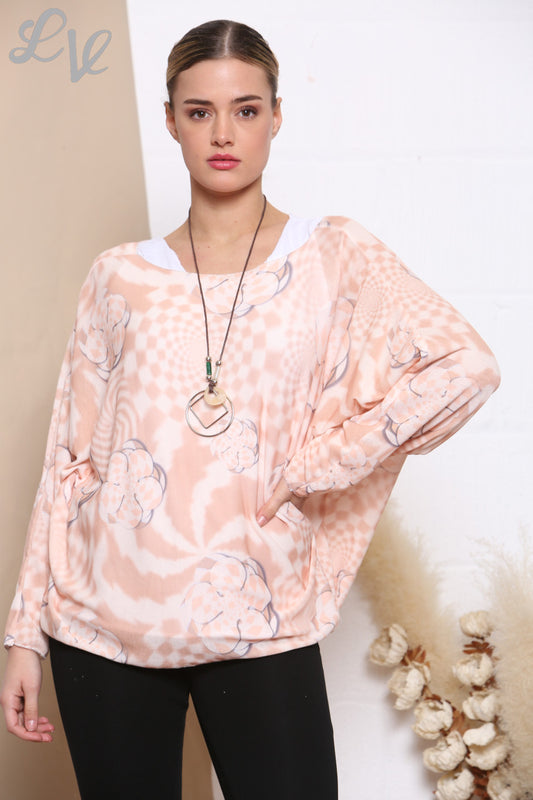 Ladies Retro Check Print 2 Layered Top With Necklace Peach