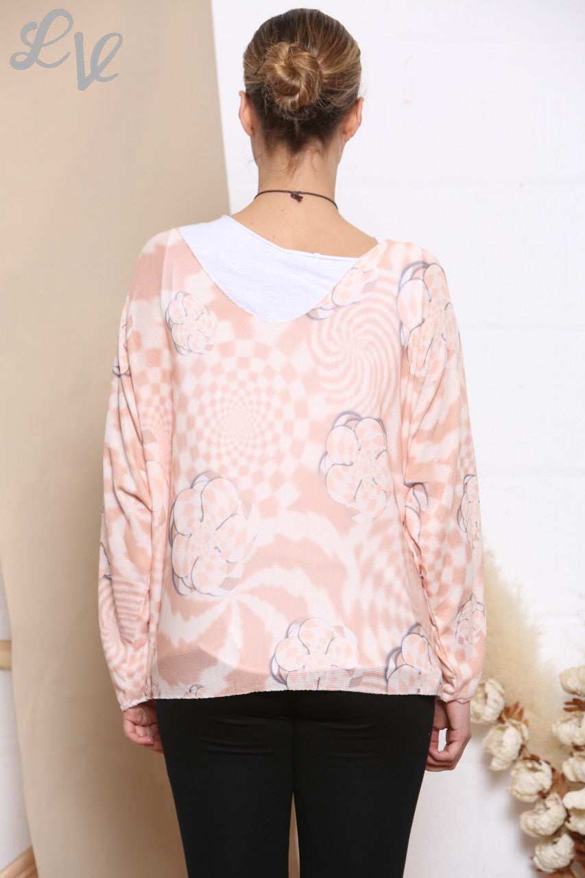 Ladies Retro Check Print 2 Layered Top With Necklace Peach