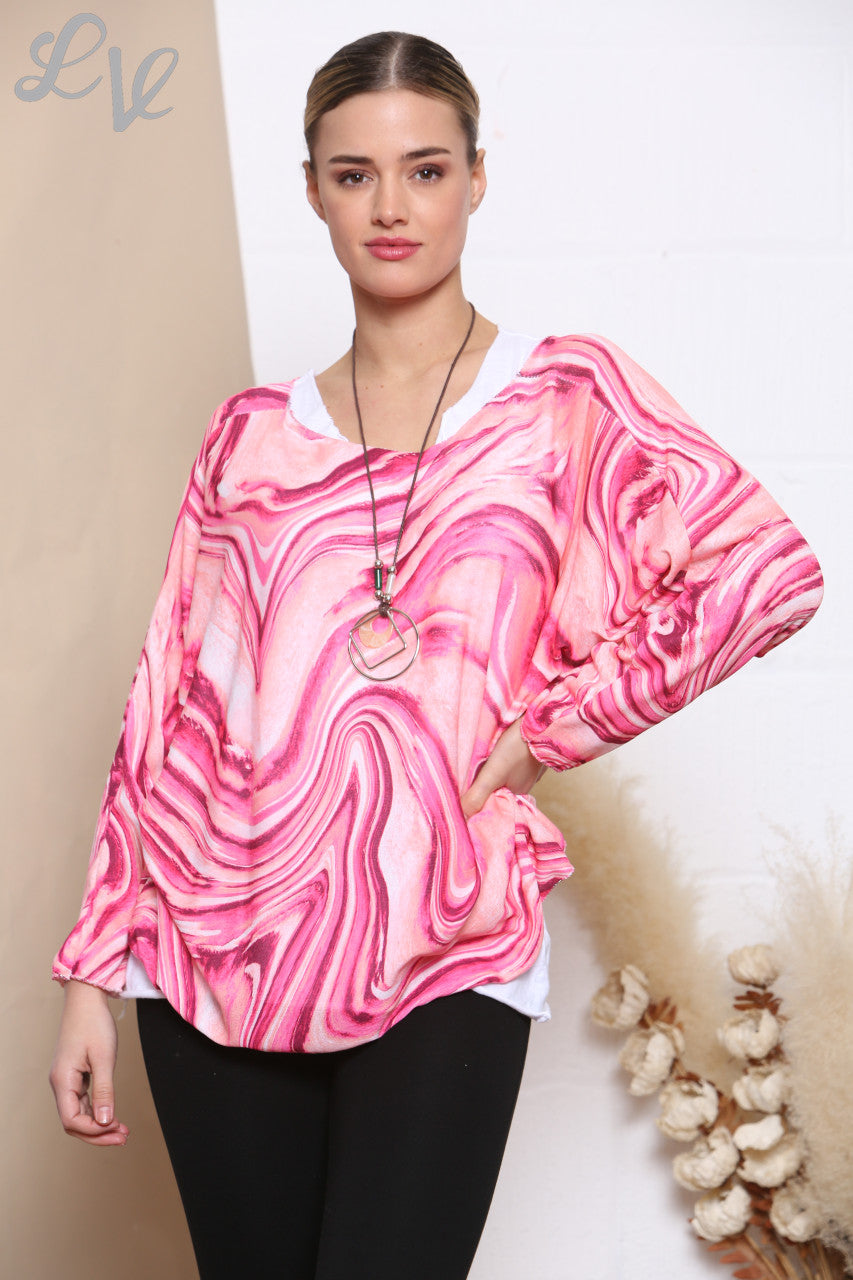 Ladies Retro Swirl Print 2 Layered Top With Necklace Cerise