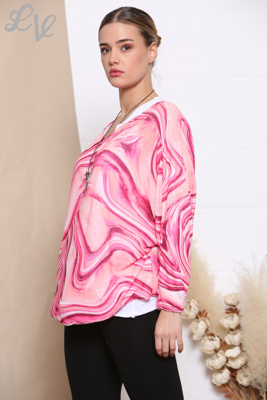 Ladies Retro Swirl Print 2 Layered Top With Necklace Cerise