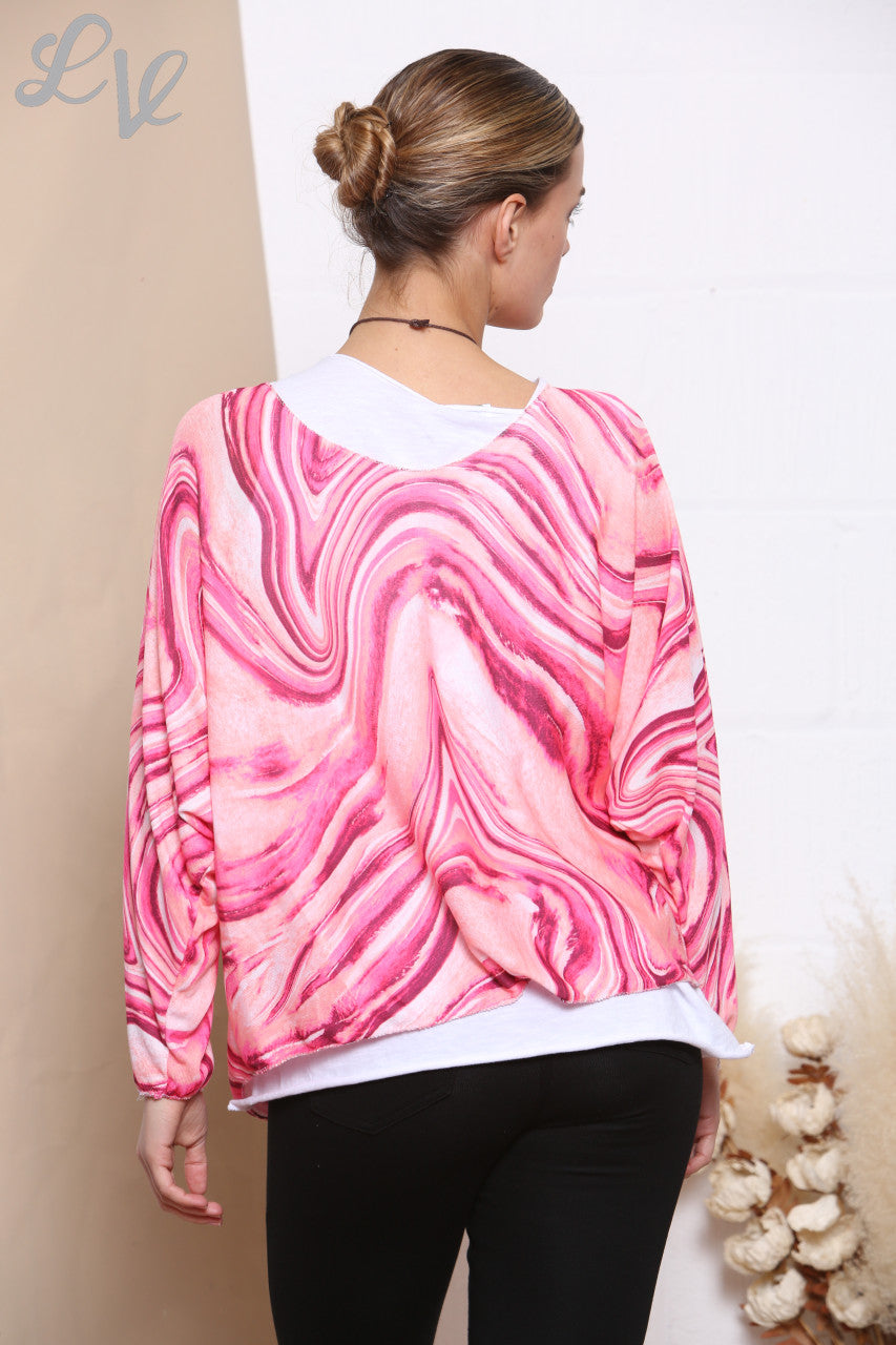 Ladies Retro Swirl Print 2 Layered Top With Necklace Cerise