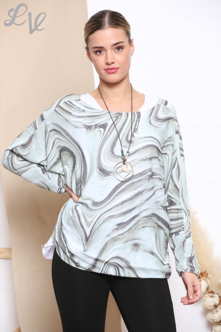 Ladies Retro Swirl Print 2 Layered Top With Necklace Grey