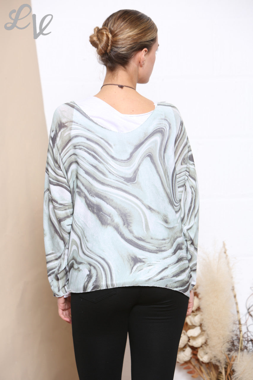 Ladies Retro Swirl Print 2 Layered Top With Necklace Grey