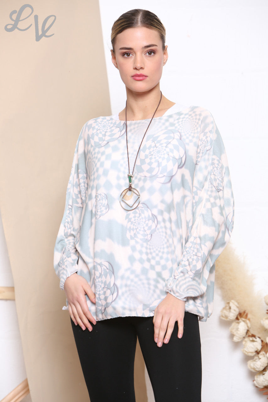 Ladies Retro Check Print 2 Layered Top With Necklace Silver