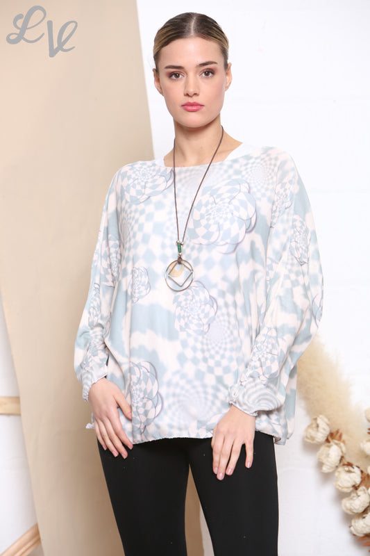 Ladies Retro Check Print 2 Layered Top With Necklace Silver