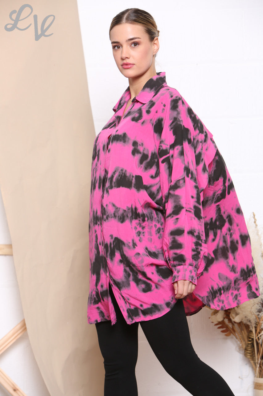Ladies Tie Dye Print Shirt Top Cerise