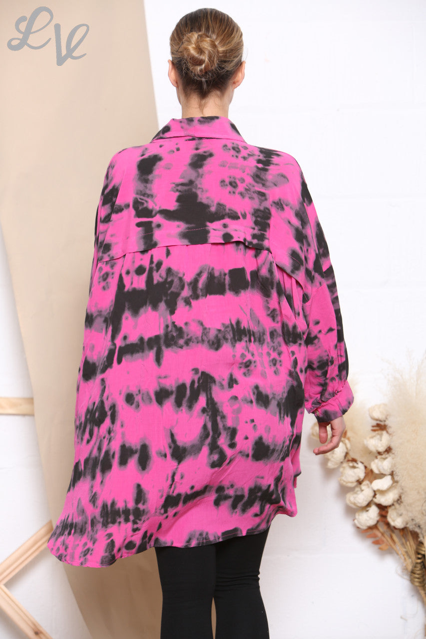 Ladies Tie Dye Print Shirt Top Cerise