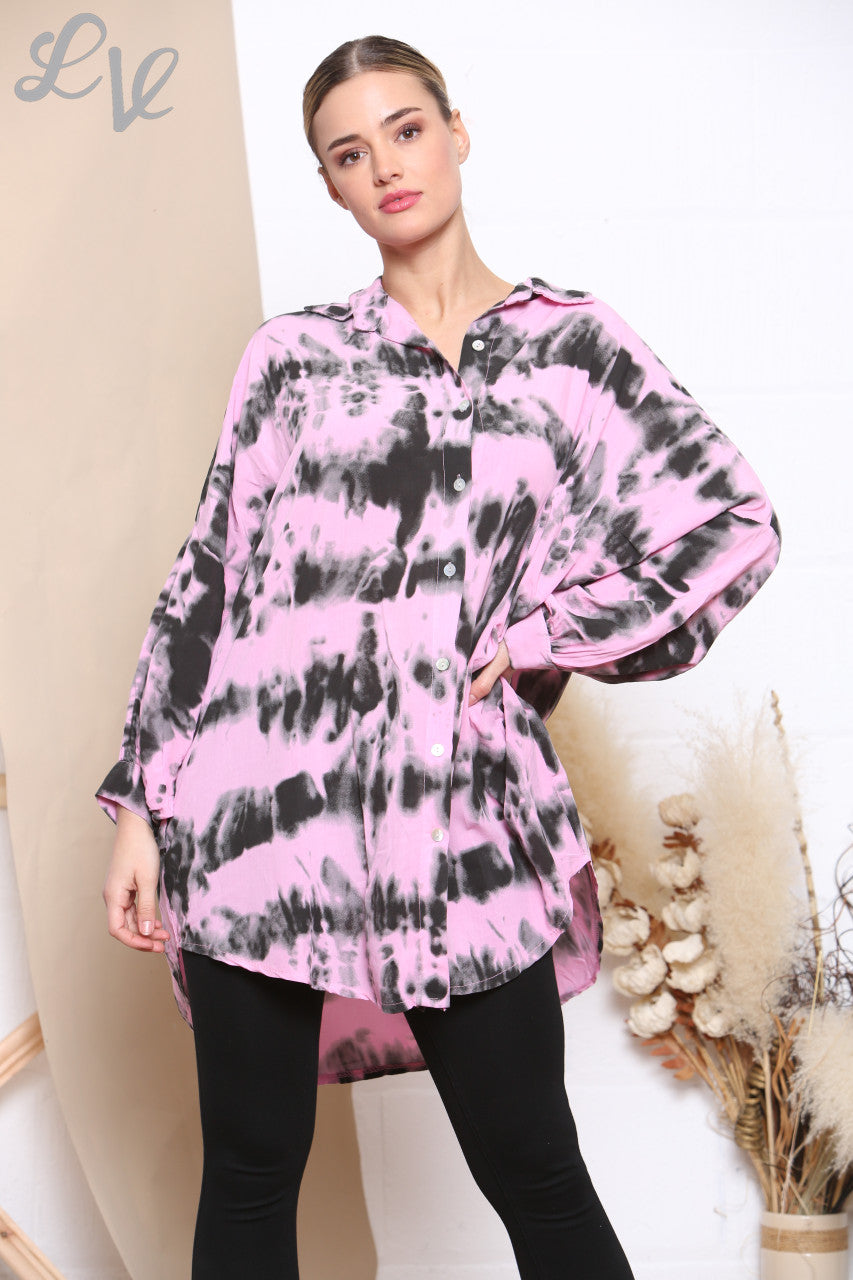 Ladies Tie Dye Print Shirt Top Pink