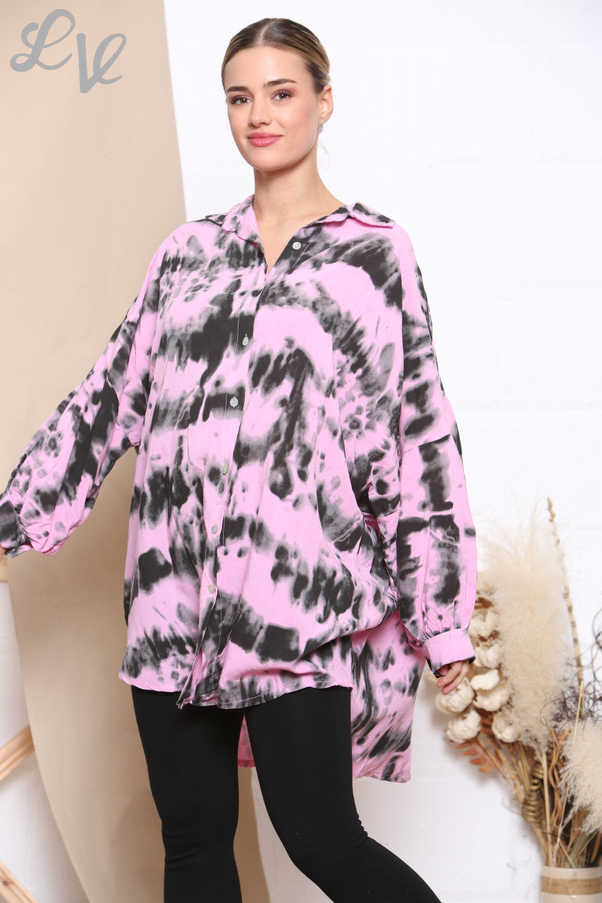 Ladies Tie Dye Print Shirt Top Pink