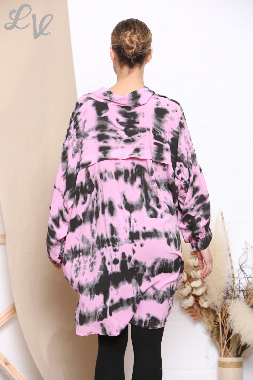 Ladies Tie Dye Print Shirt Top Pink