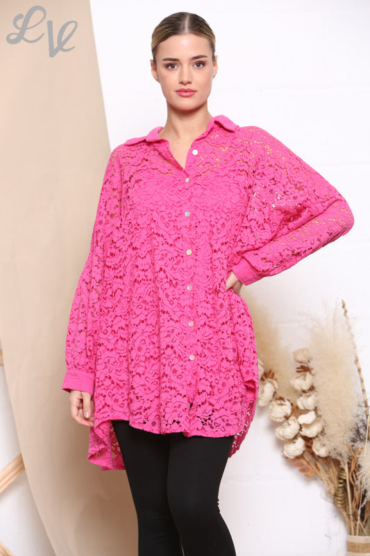 Ladies Lace Shirt Top Cerise