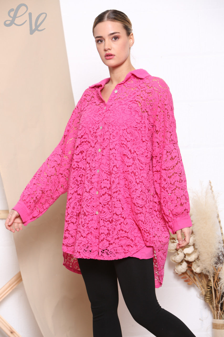 Ladies Lace Shirt Top Cerise