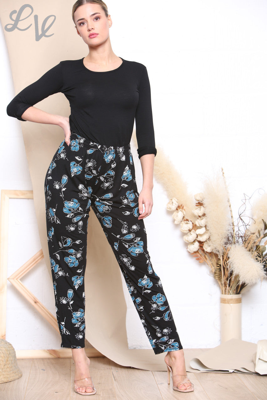 Ladies Floral Sketch Print Trousers Black