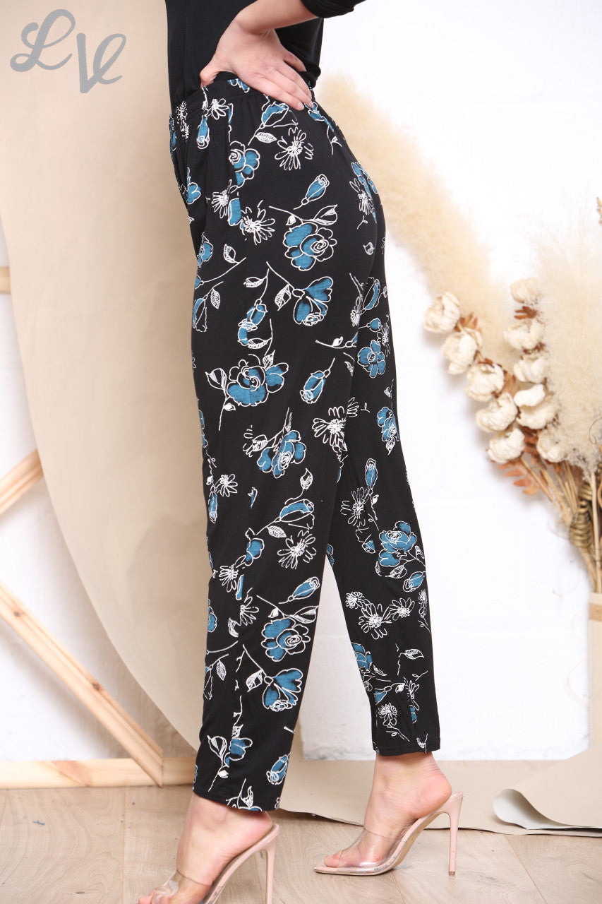 Ladies Floral Sketch Print Trousers Black