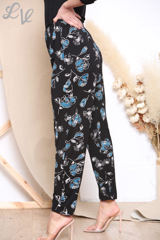 Dames Broek met Bloemen Sketch Print Zwart