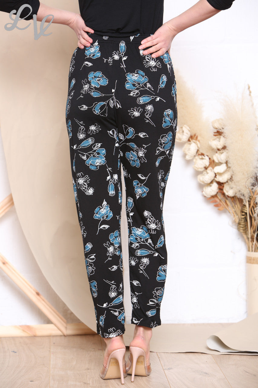 Ladies Floral Sketch Print Trousers Black