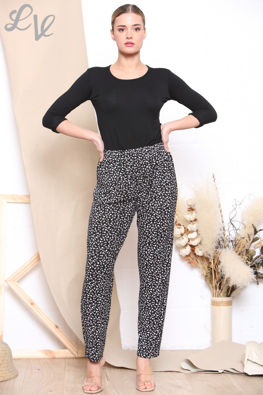 Ladies Ditsy Flowers Print Trousers Black