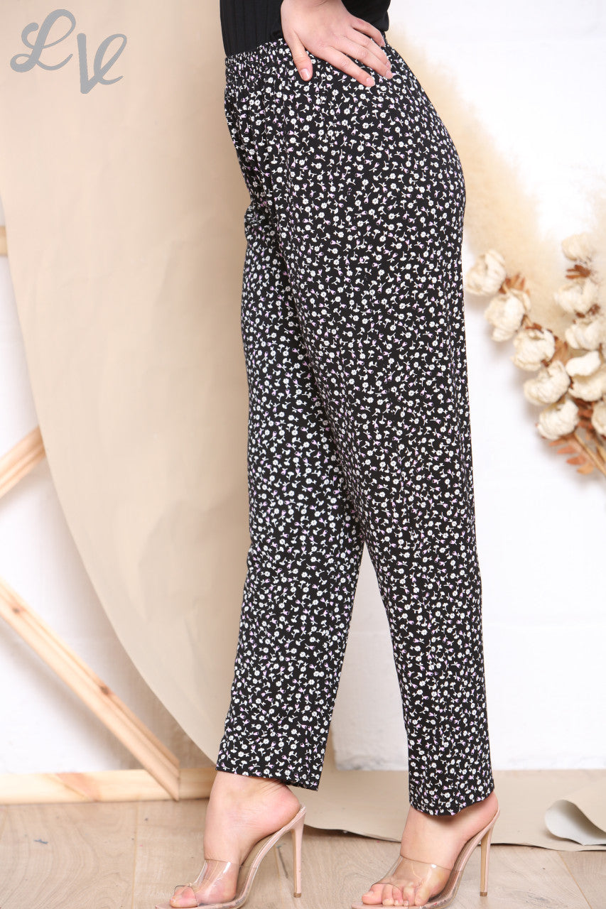 Ladies Ditsy Flowers Print Trousers Black