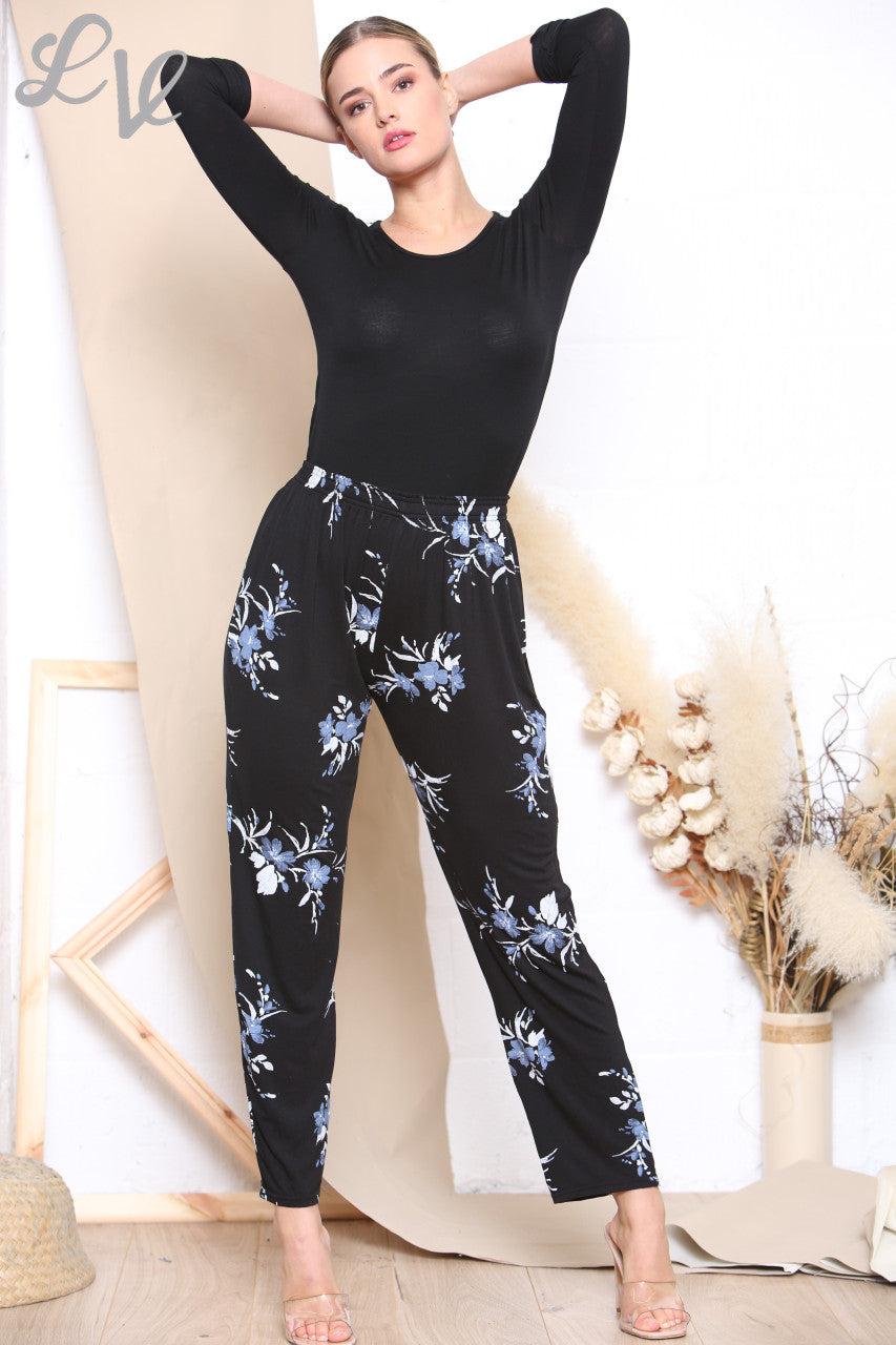 Ladies Floral Watercolour Print Trousers Black