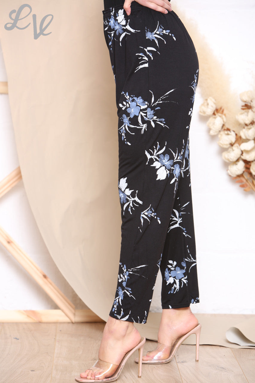 Ladies Floral Watercolour Print Trousers Black