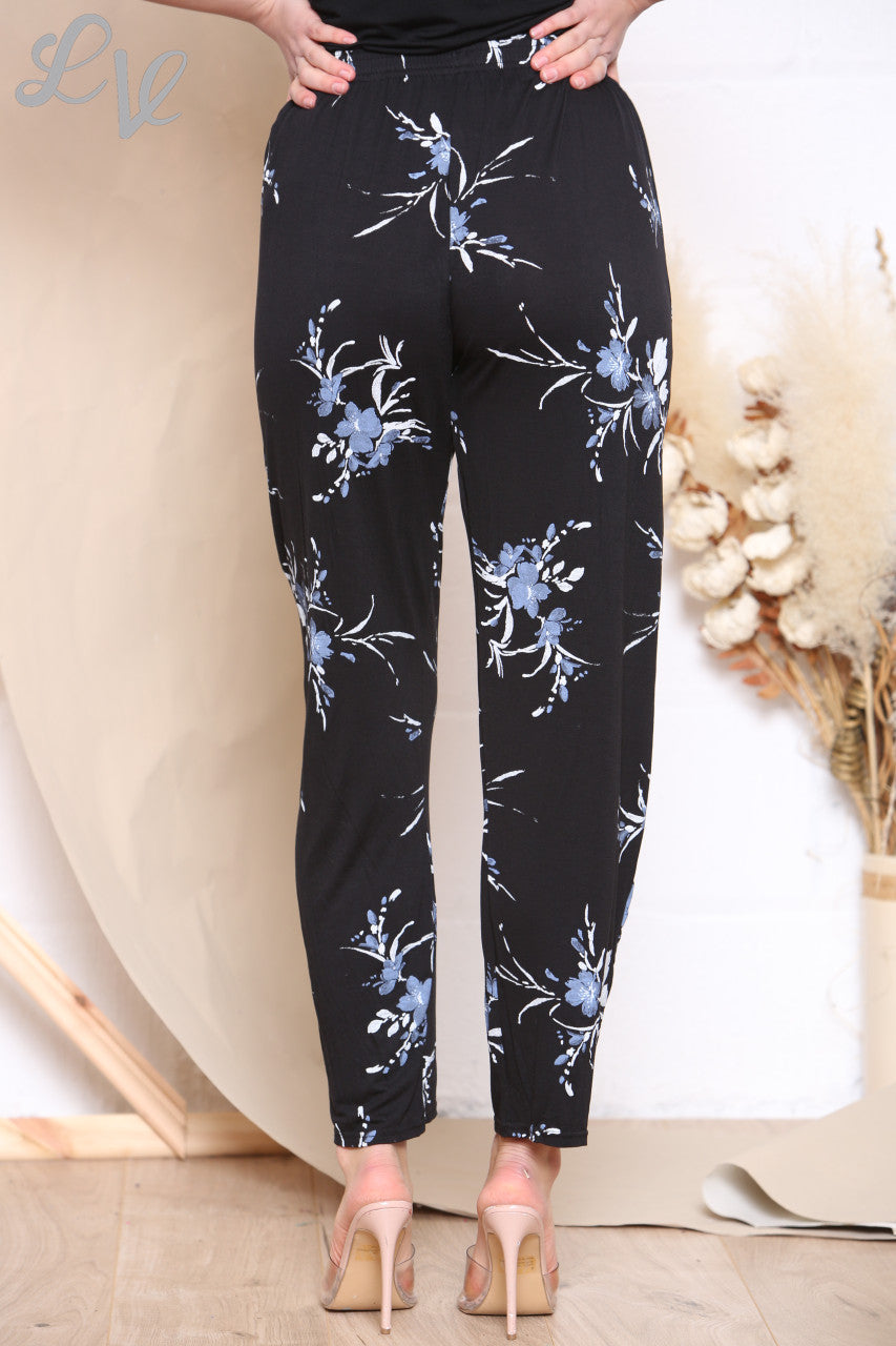 Ladies Floral Watercolour Print Trousers Black