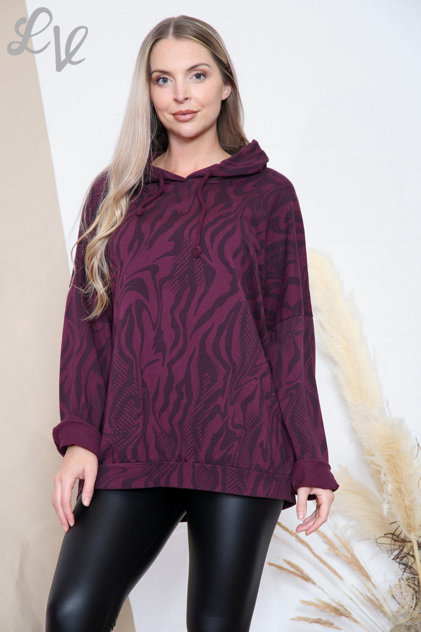 Ladies Tiger Print Hooded Top Burgundy Unit Price £11.99