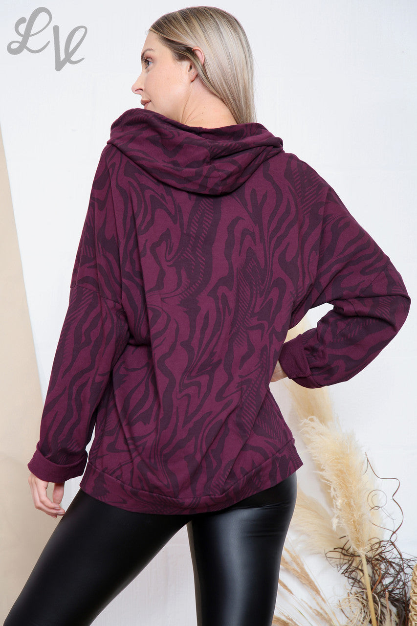 Ladies Tiger Print Hooded Top Burgundy Unit Price £11.99