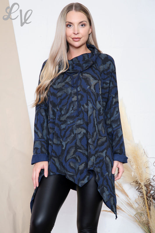 Ladies Tiger Print Cowl Neck Top Navy Unit Price £11.99