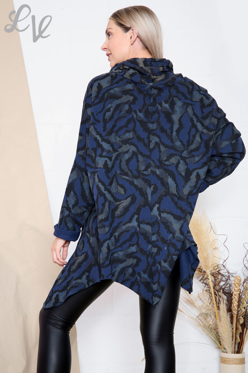 Dames Top met capuchonhals en tijgerprint Marineblauw Stukprijs € 11,99