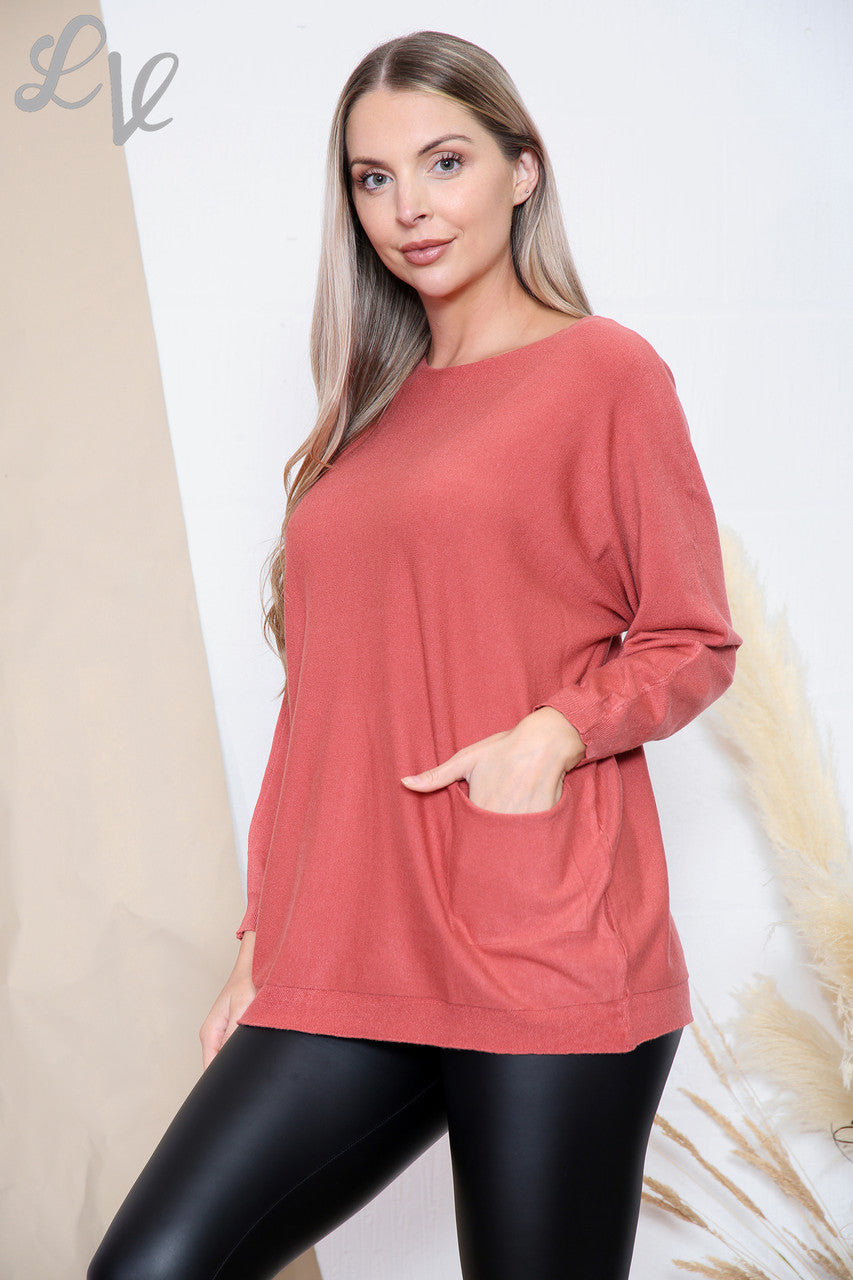 Ladies Fine Knit Pocket Front Jumper Top Pink Unit Price WAS £14.99 NOW £7.99