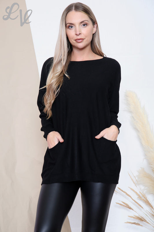 Dames Fijne Gebreide Trui Top met Zakken Zwart Prijs per eenheid €13.99