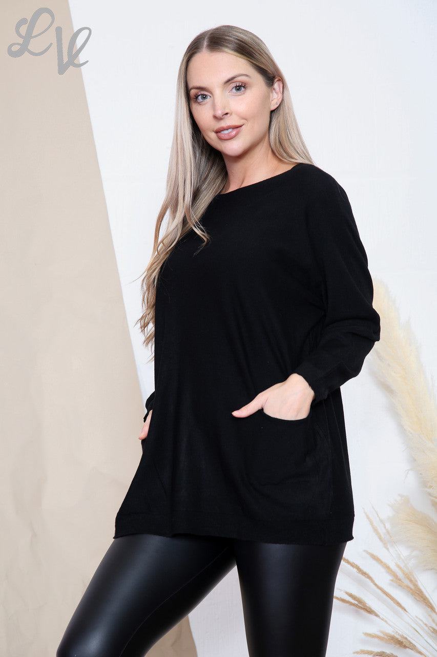 Ladies Fine Knit Pocket Front Jumper Top Black Unit Price £13.99