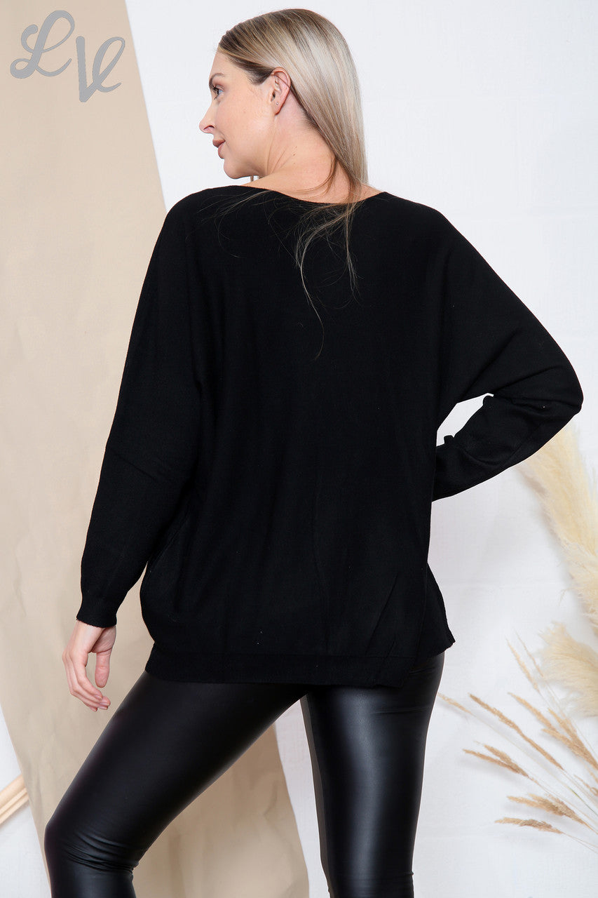 Ladies Fine Knit Pocket Front Jumper Top Black Unit Price £13.99