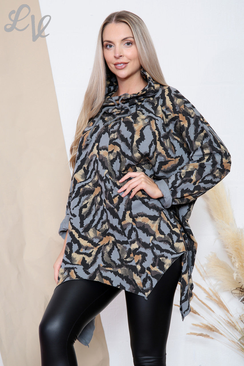 Dames Top met capuchonhals in tijgerprint grijs, stukprijs €11,99