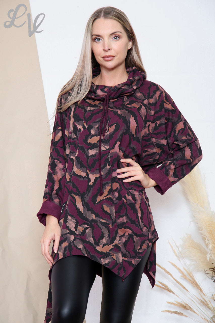 Ladies Tiger Print Cowl Neck Top Burgundy Unit Price £11.99