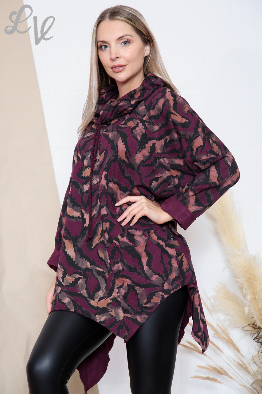 Ladies Tiger Print Cowl Neck Top Burgundy Unit Price £11.99