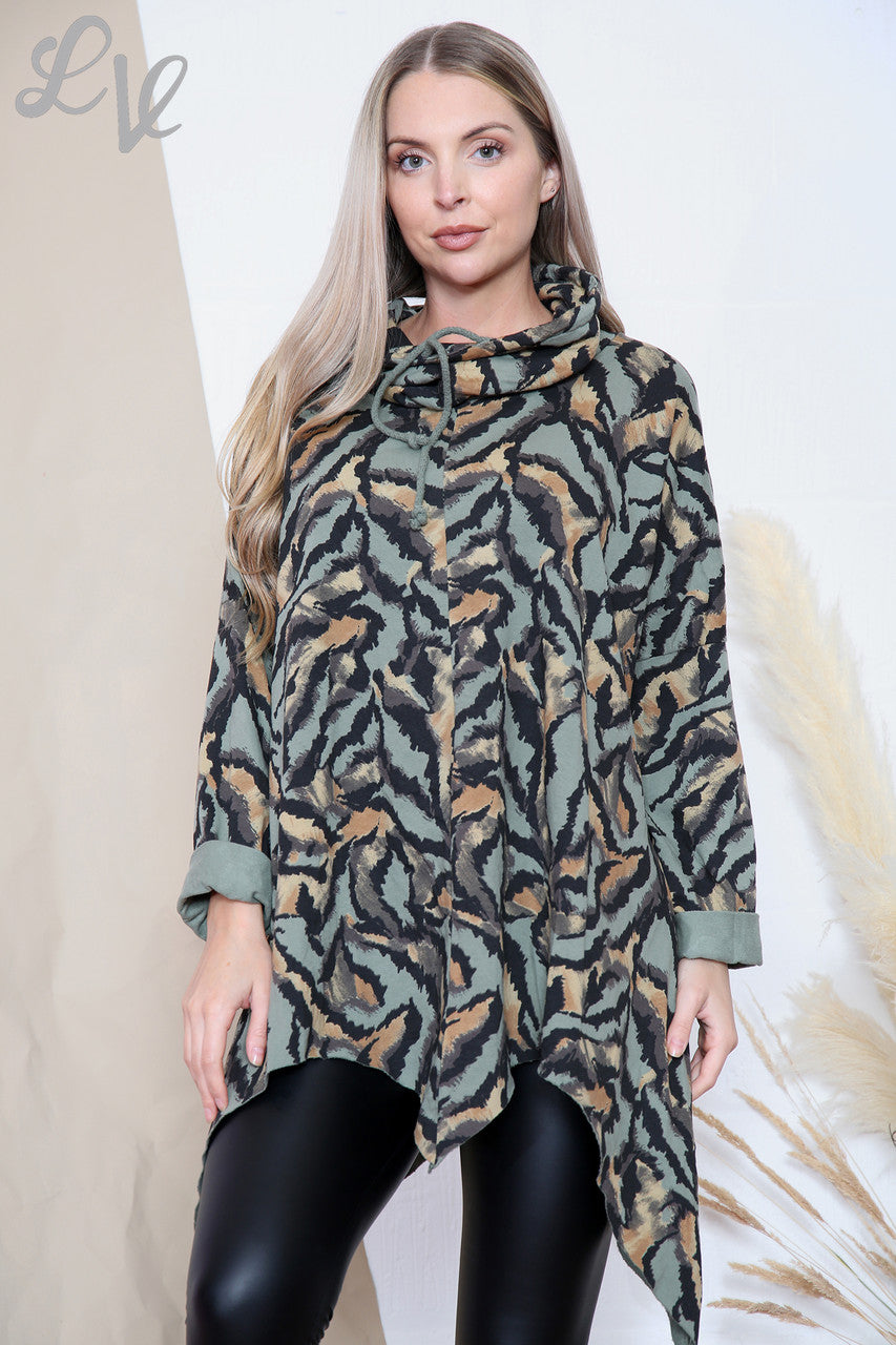 Ladies Tiger Print Cowl Neck Top Khaki Unit Price £11.99