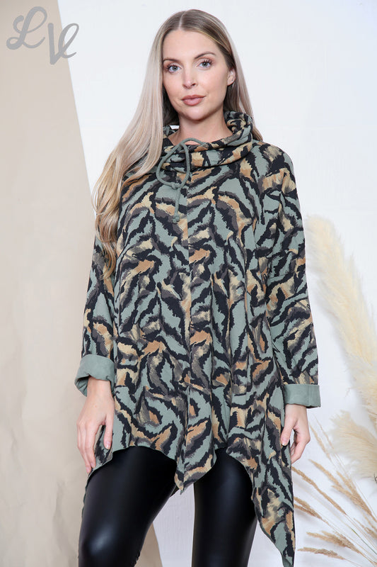 Ladies Tiger Print Cowl Neck Top Khaki Unit Price £11.99