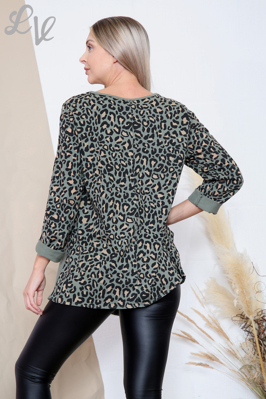 Ladies Cheetah Print Asymmetrical Top Khaki Unit Price WAS £12.99 NOW £4.99