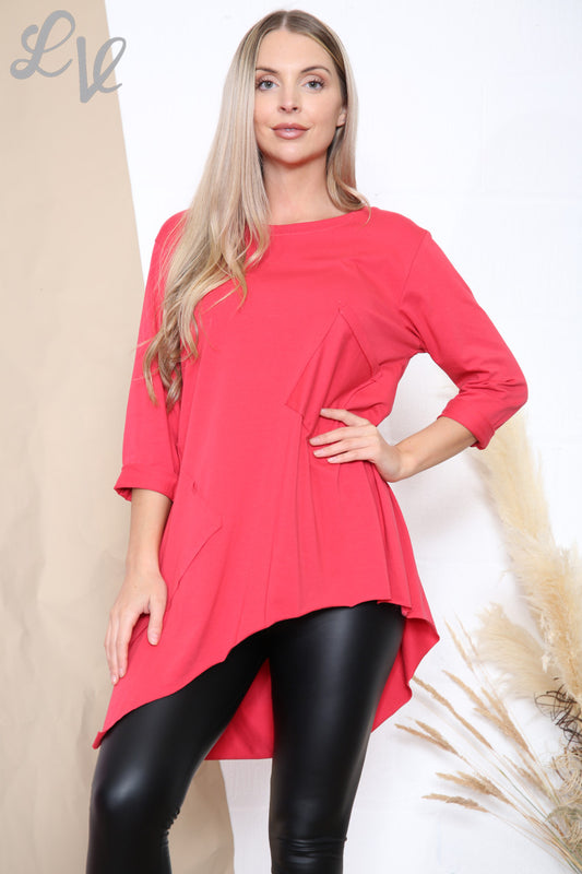 Ladies Pocket Detail Asymmetric Tunic Top Red Unit Price £12.99