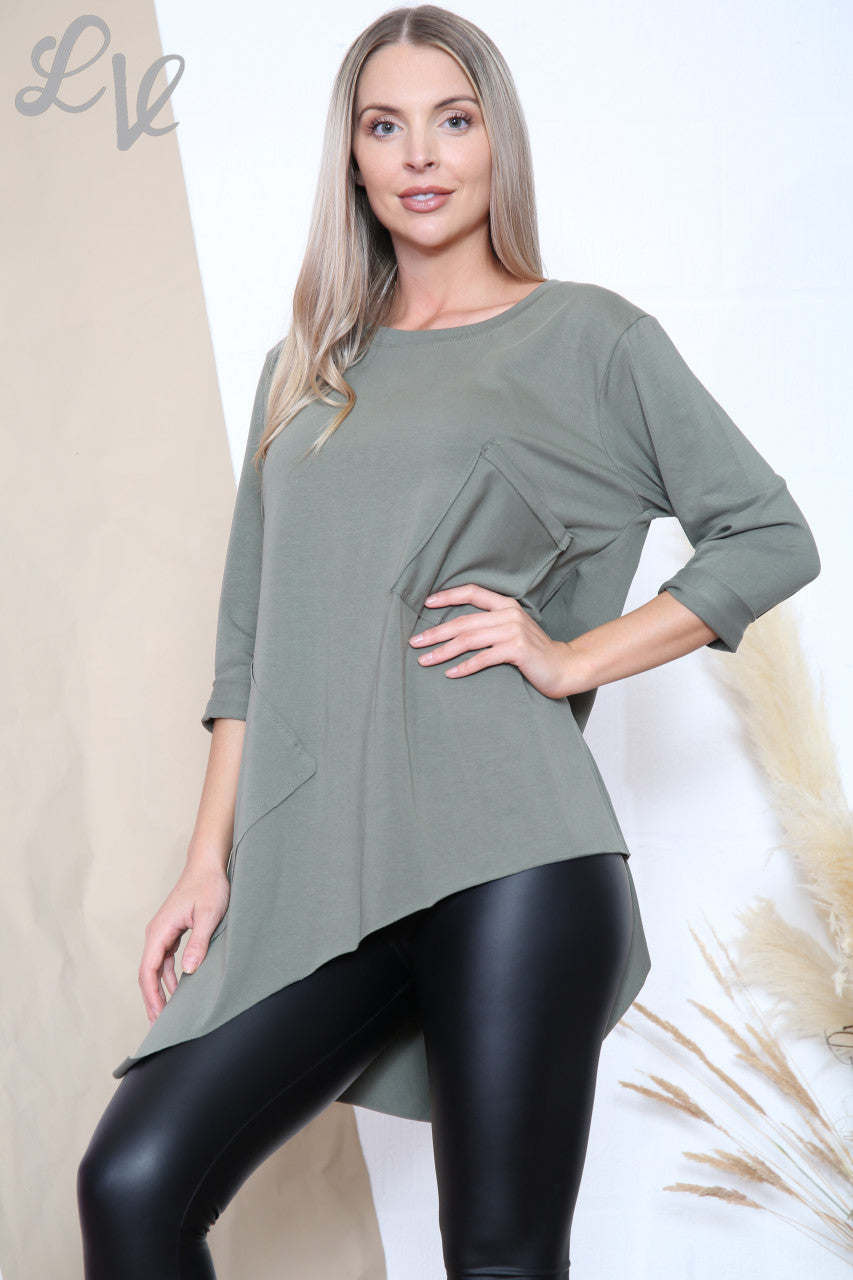 Ladies Pocket Detail Asymmetric Tunic Top Khaki Unit Price WAS £7.99 NOW £4.99