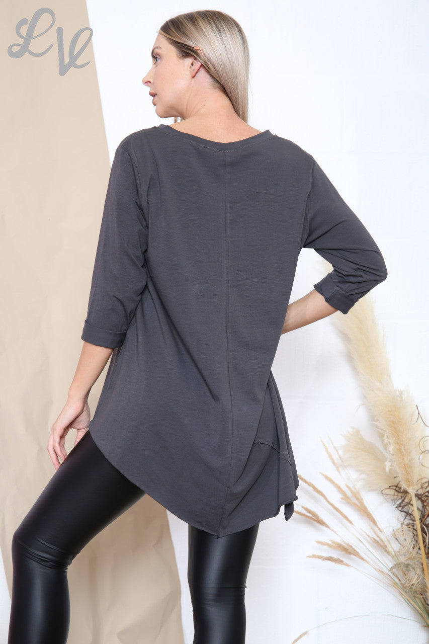 Ladies Pocket Detail Asymmetric Tunic Top Charcoal Unit Price £7.99