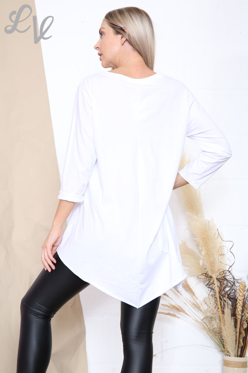 Ladies Pocket Detail Asymmetric Tunic Top White Unit Price £7.99
