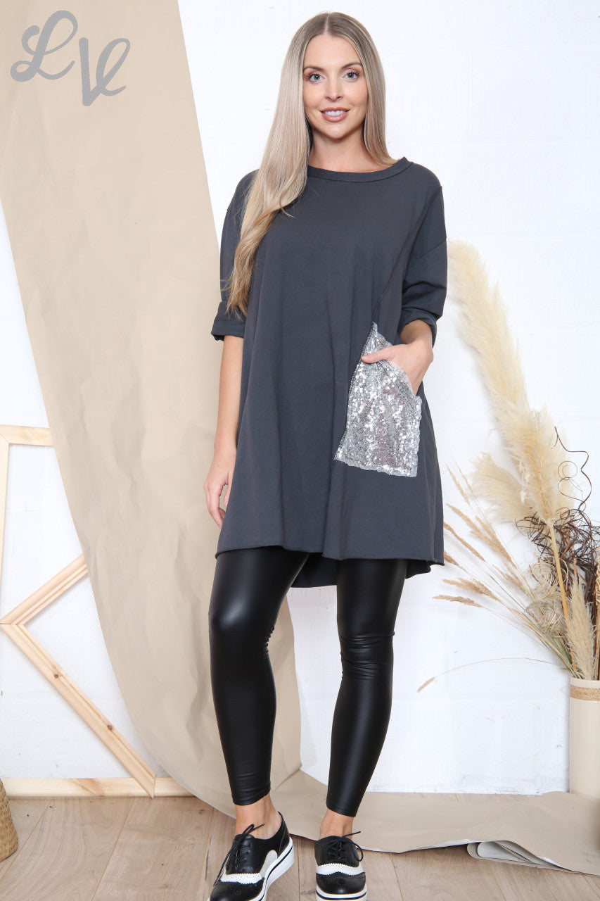 Ladies Sequin Pocket Tunic Top Charcoal Unit Price £12.99