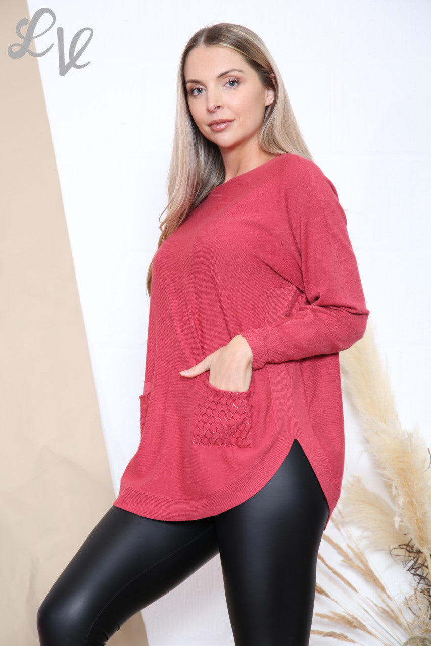 Ladies Sequin Pocket Detail Fine Knit Jumper Top Pink Unit Price £17.99