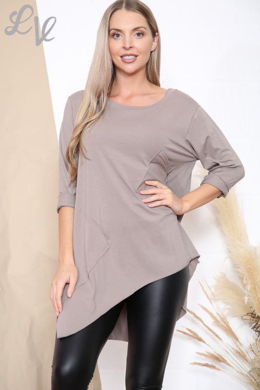 Ladies Pocket Detail Asymmetric Tunic Top Taupe Unit Price £7.99