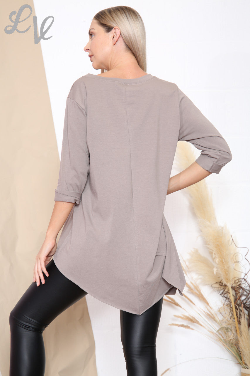 Ladies Pocket Detail Asymmetric Tunic Top Taupe Unit Price £7.99