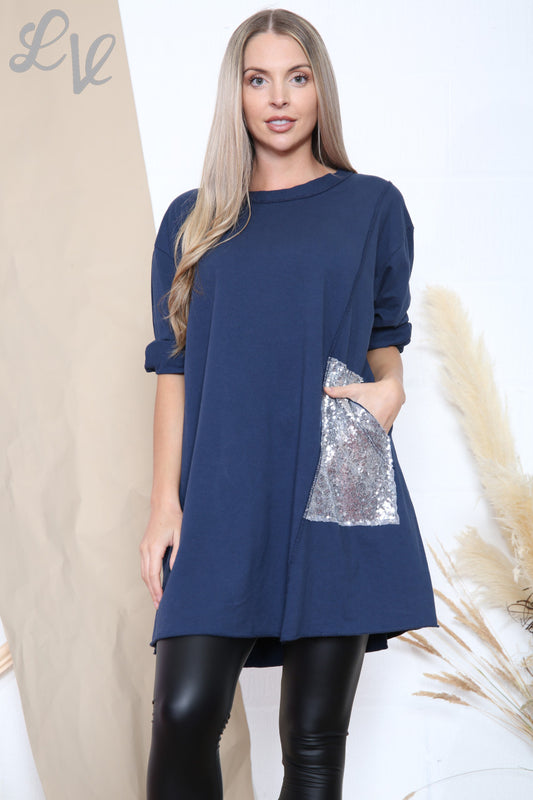 Ladies Sequin Pocket Tunic Top Navy Unit Price £12.99